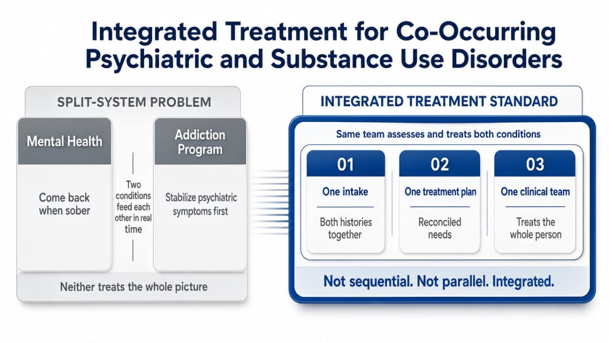 Contrast the split-system problem with the SAMHSA integrated-treatment standard cited in this section, showing the operating model the section describes