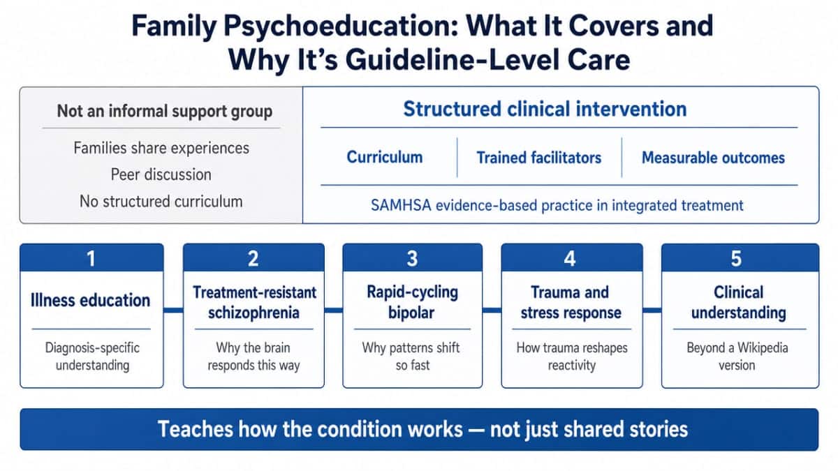 Show the five concrete components of a real family psychoeducation curriculum as described in this section, distinguishing it from an informal support group