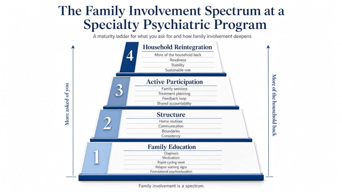 Visualize the four escalating levels of family involvement described in this section as a maturity ladder, giving readers a clear at-a-glance framework for where they might fit and what to ask for