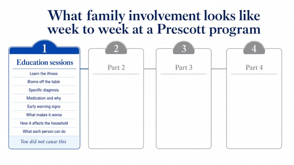 Process infographic showing the four-part structure of a family weekend as described in the section, giving readers a clear operational map without inventing data
