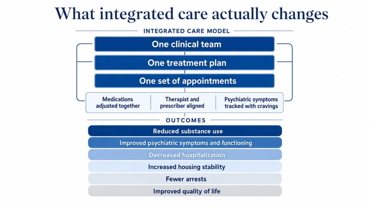 Visualize the specific outcomes of integrated dual-diagnosis care cited in this section, mirroring the article's stacked list of benefits