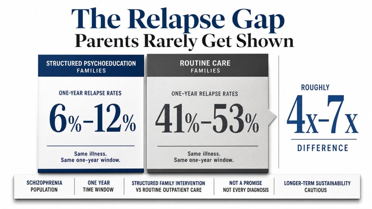 Visualize the dramatic difference in one-year relapse rates between families receiving structured psychoeducation versus routine care, directly supporting the numbers cited in this section