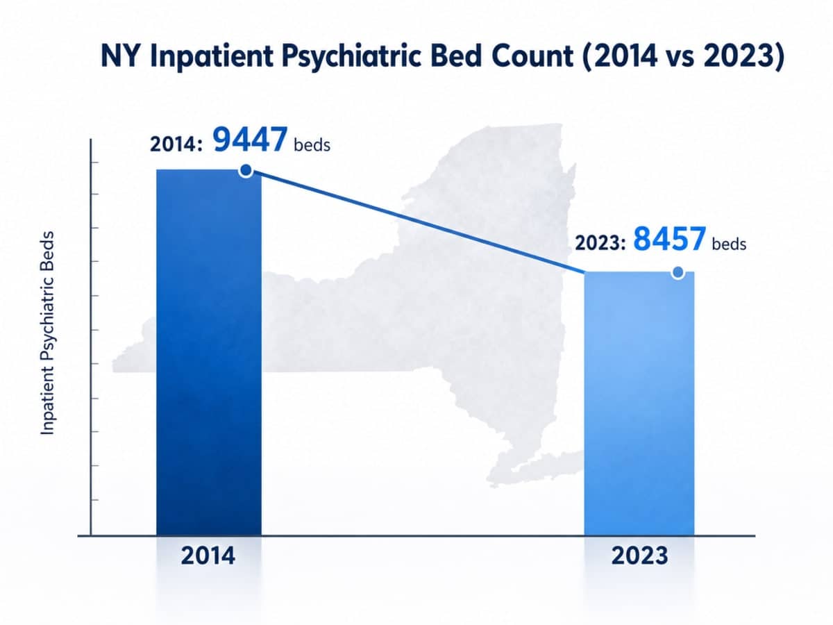 Chart showing NY Inpatient Psychiatric Bed Count (2014 vs 2023)
