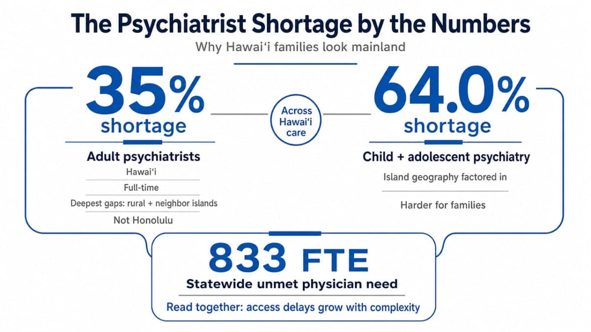 Visualize the two cited psychiatric workforce shortage statistics that directly support this section's argument about why Hawaii families look mainland