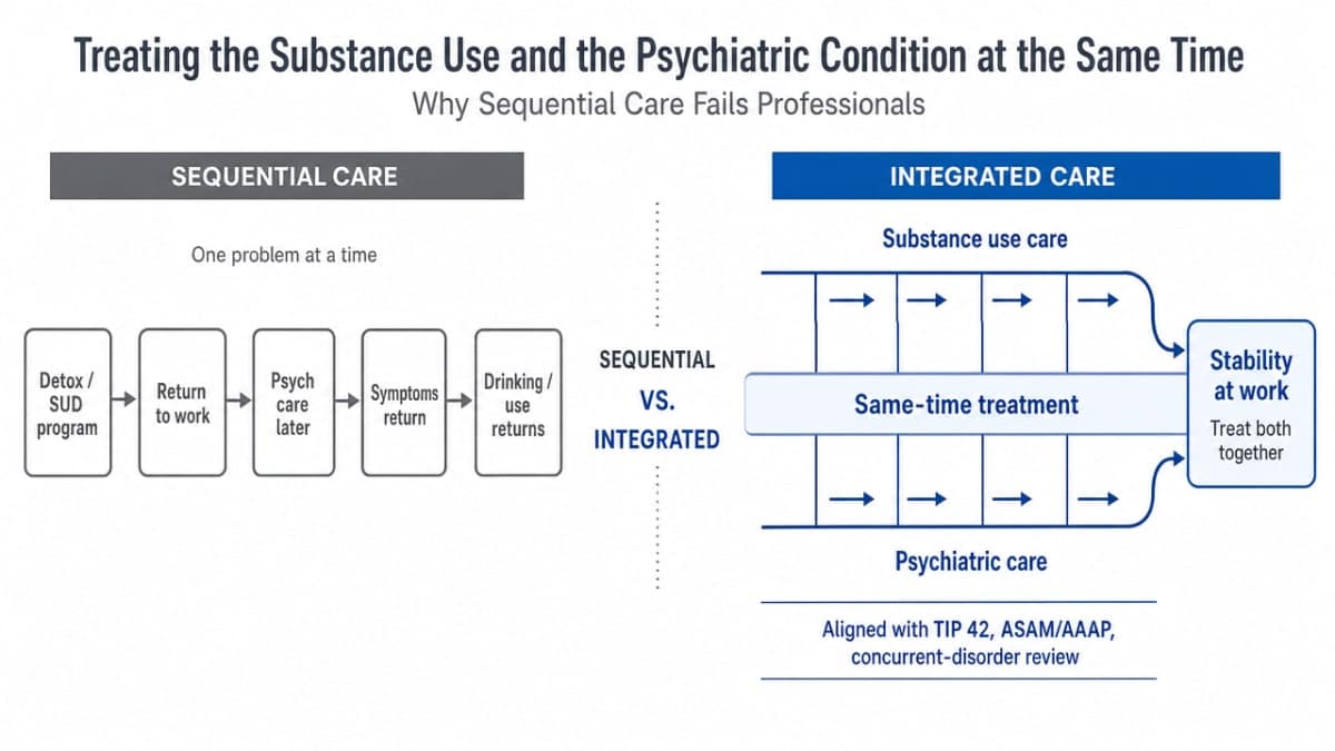 Contrast sequential vs. integrated care models as described in the section, supporting cited guidelines (TIP 42, ASAM/AAAP, 2026 concurrent-disorder review)