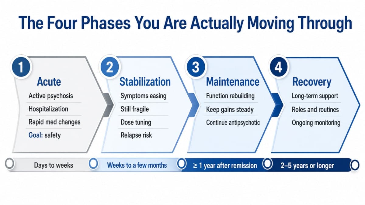 Visualize the four-phase care arc described in this section as a horizontal progression, giving parents a mental map of where their family sits