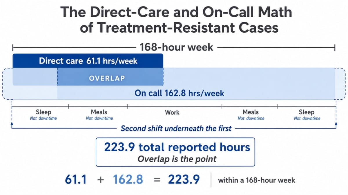 Show the extraordinary weekly time load — 61.1 hours of direct care plus 162.8 hours on call — that this section quantifies, making the impossible math visible