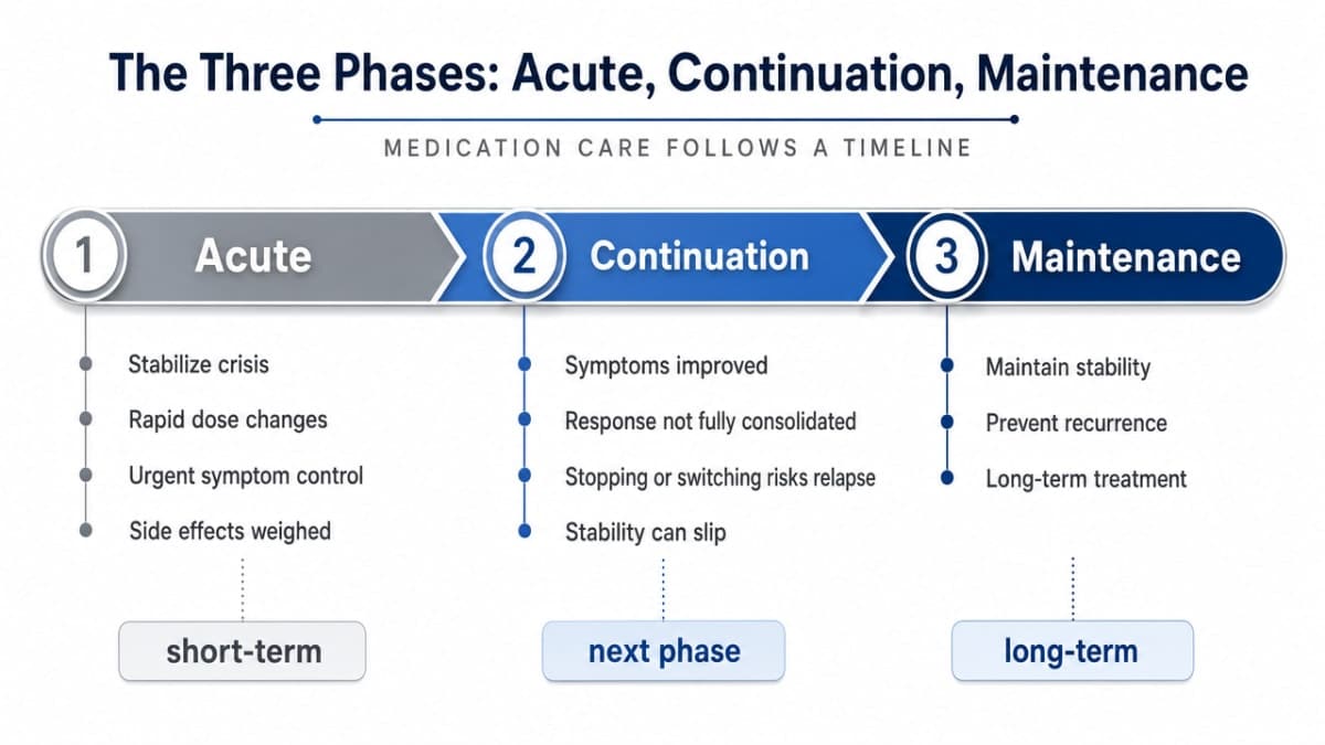 Visualize the three-phase treatment timeline described in the section, showing the progression and duration ranges cited for each phase
