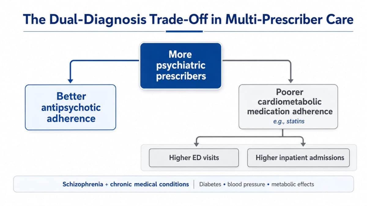 Visualize the trade-off finding from the schizophrenia comorbidity study — that more psychiatric prescribers correlated with better antipsychotic adherence but worse cardiometabolic adherence and higher ED/inpatient use