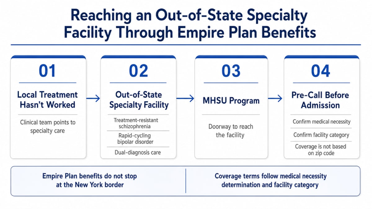 Visualize the four-step process outlined in the section for using Empire Plan benefits to reach an out-of-state specialty psychiatric facility