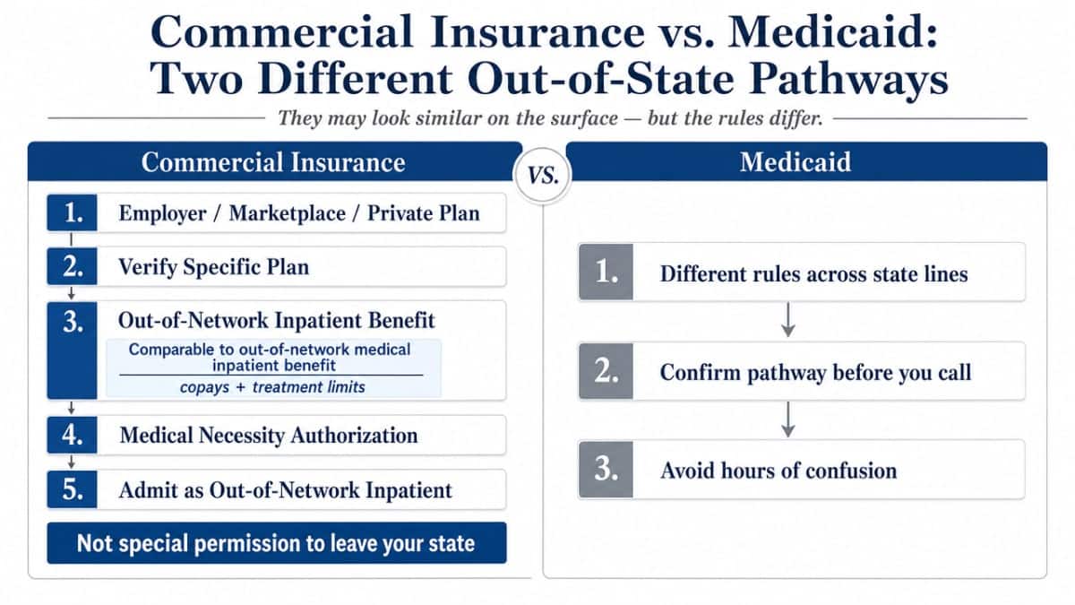 Compare the two distinct authorization pathways for out-of-state psychiatric admission side by side, directly supporting the section's comparison of commercial insurance vs Medicaid rules