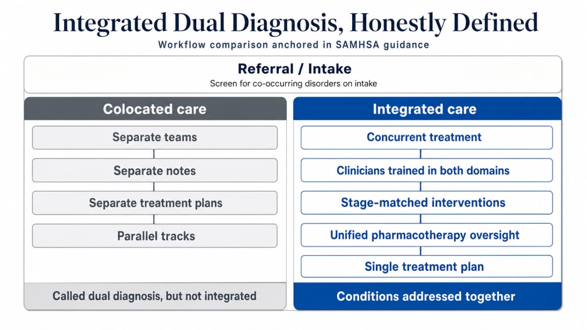 Contrast colocated versus integrated dual diagnosis care, which the section explicitly frames as a workflow comparison anchored in SAMHSA guidance