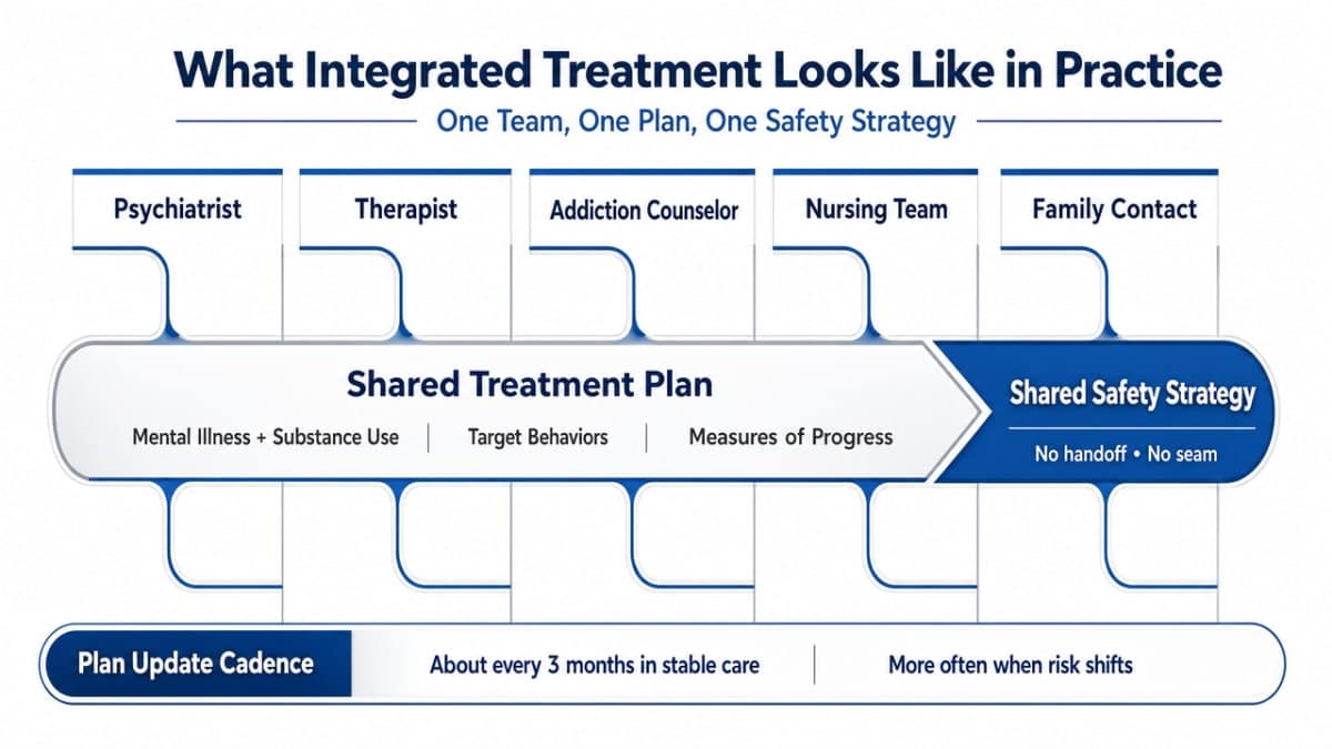 Visualize the integrated care operating model described in the section: one team, one plan, one safety strategy, with the SAMHSA-recommended quarterly plan update cadence