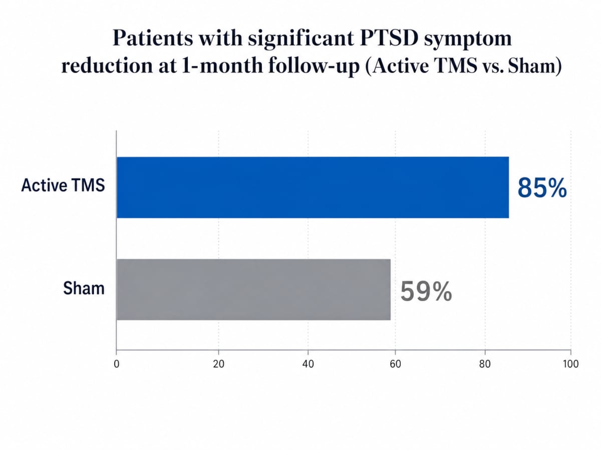 Chart showing Patients with significant PTSD symptom reduction at 1-month follow-up (Active TMS vs. Sham)