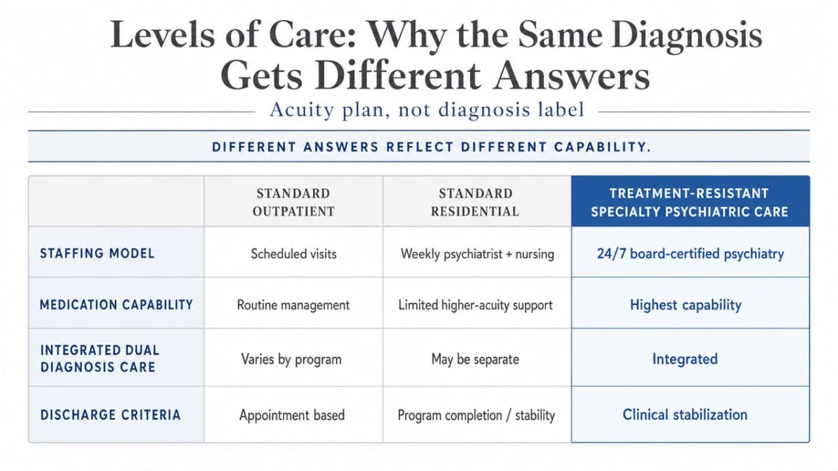 Translate the article's four-capability comparison table into a visual matrix, directly reinforcing the section's argument that specialty psychiatric care differs from standard outpatient and residential care across staffing, medication capability, integrated dual diagnosis care, and discharge criteria