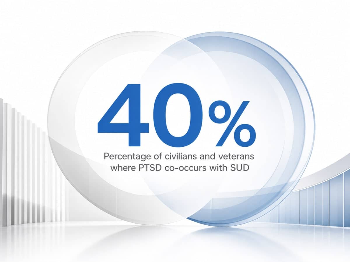 Infographic showing Percentage of civilians and veterans where PTSD co-occurs with SUD