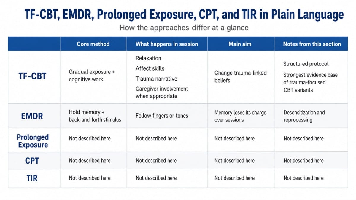Compare the five named trauma-focused modalities discussed in this section so readers can distinguish them at a glance