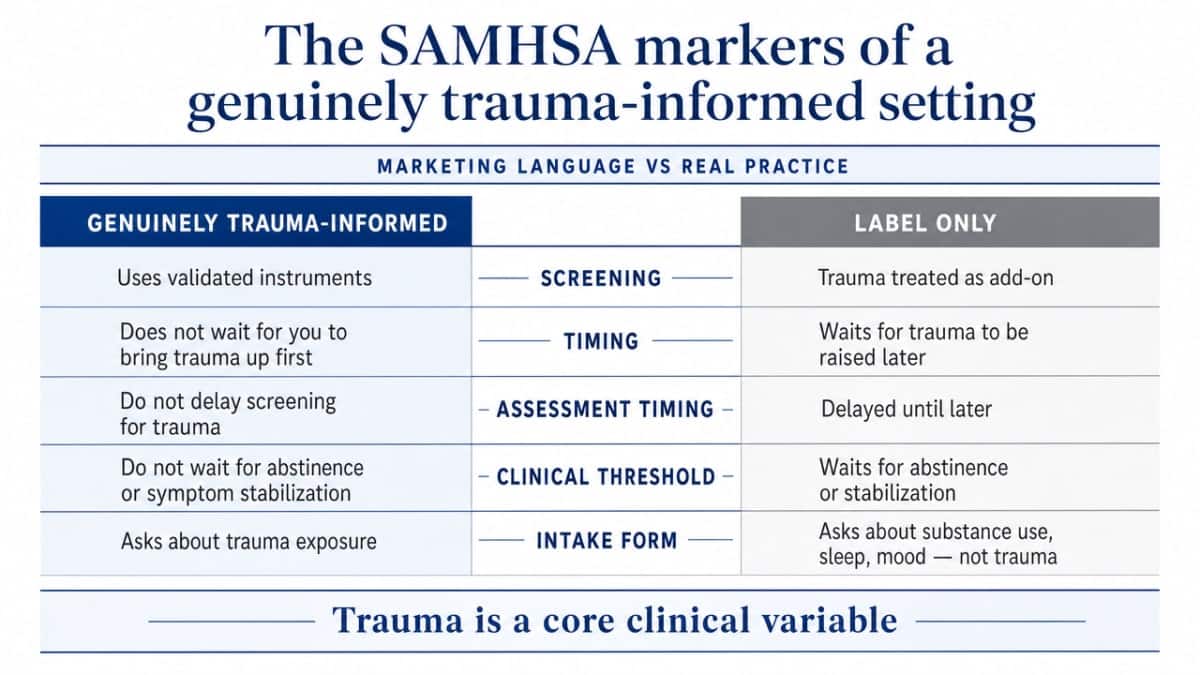 Visualize the SAMHSA-derived checklist of markers that distinguish a genuinely trauma-informed setting from one that only uses the label, directly supporting the section's operating criteria