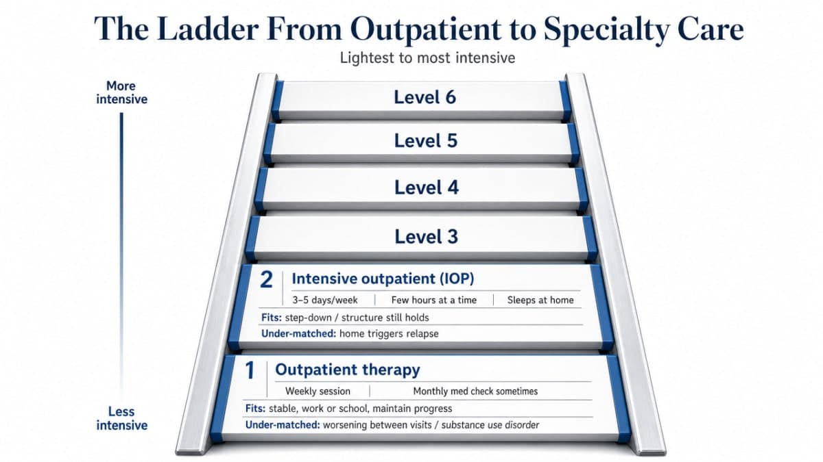 Visualize the six levels of care described step-by-step in this section as a comparative ladder, matching the article's explicit framework