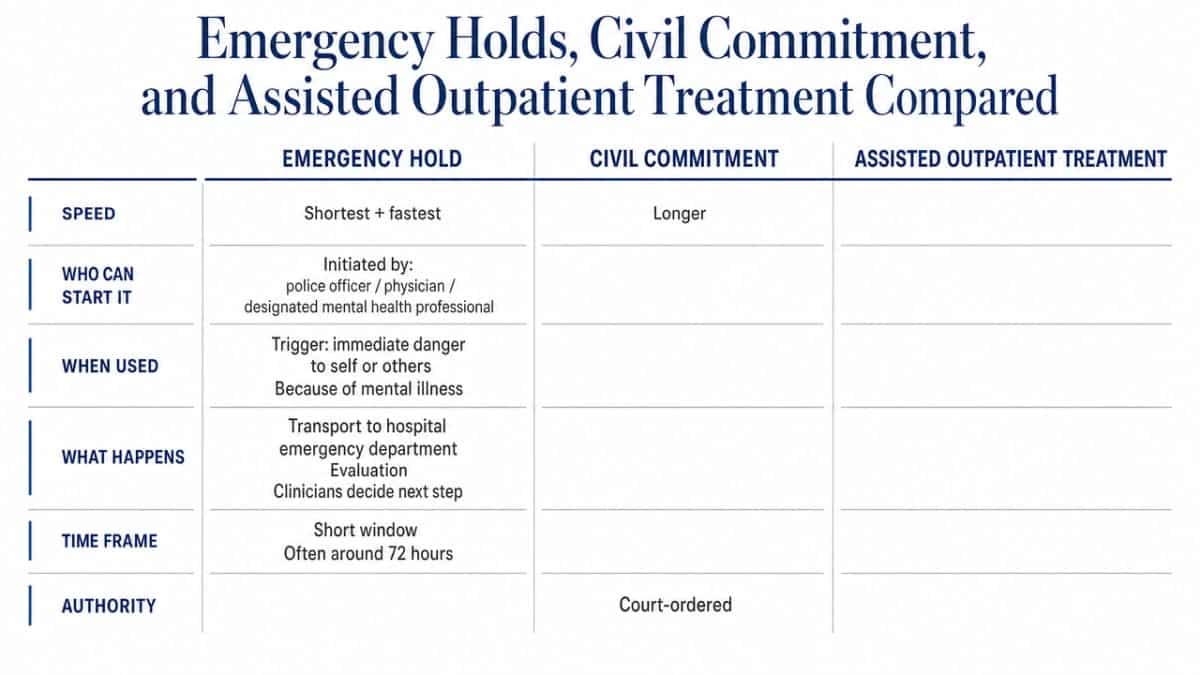 Give families a clear side-by-side comparison of the three legal pathways discussed in this section so they can distinguish them before a crisis