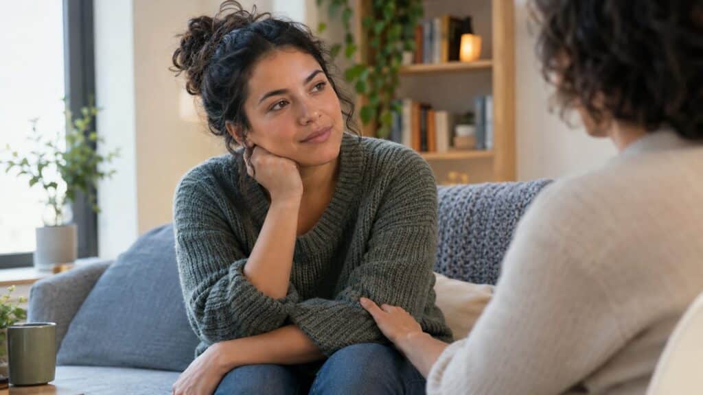 Woman in gray sweater listens thoughtfully during a supportive counseling session on a couch.