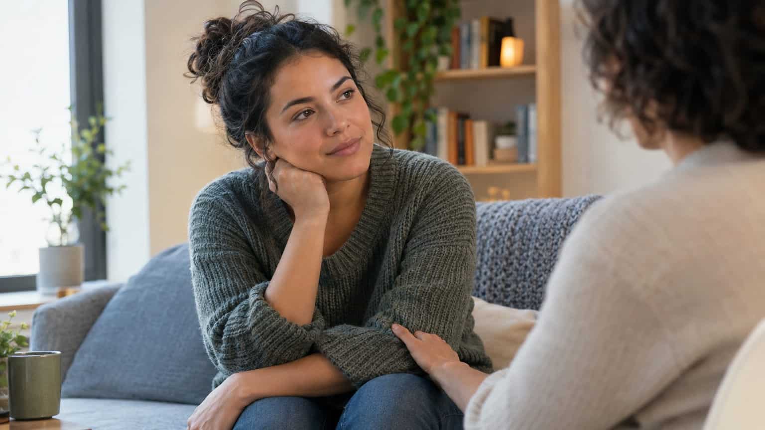 Woman in gray sweater listens thoughtfully during a supportive counseling session on a couch.