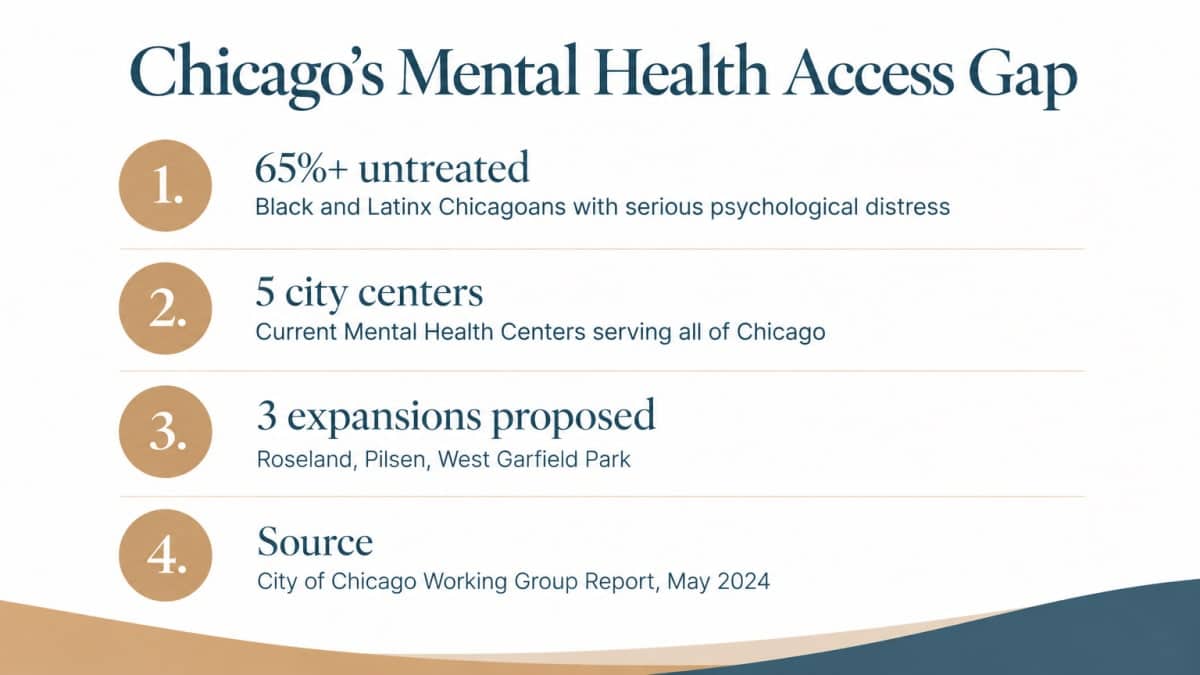 Infographic showing Chicago mental health access gap statistics from May 2024 city report