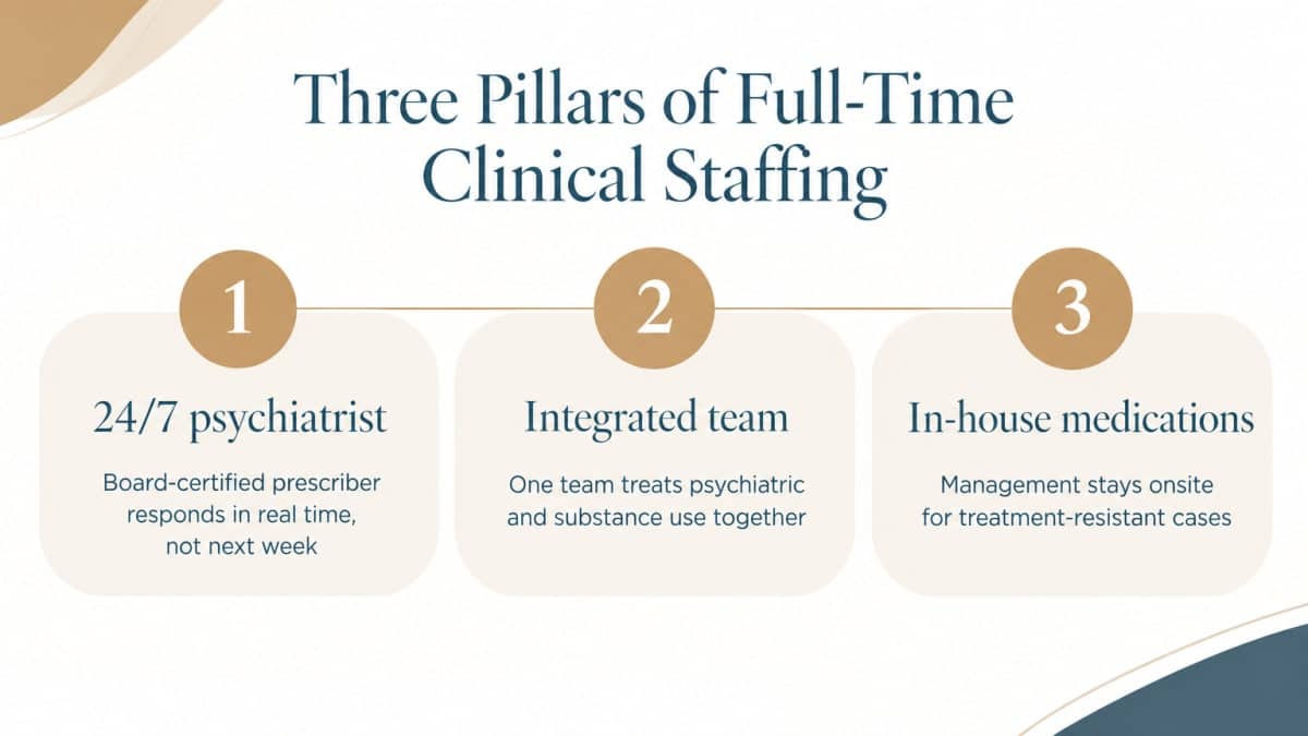 Infographic showing three pillars of full-time clinical staffing in residential psychiatric treatment