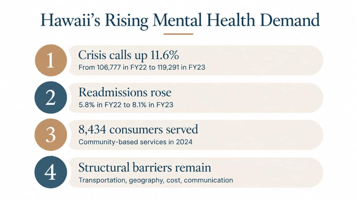 Infographic showing Hawaii mental health demand statistics driving mainland psychiatric treatment interest