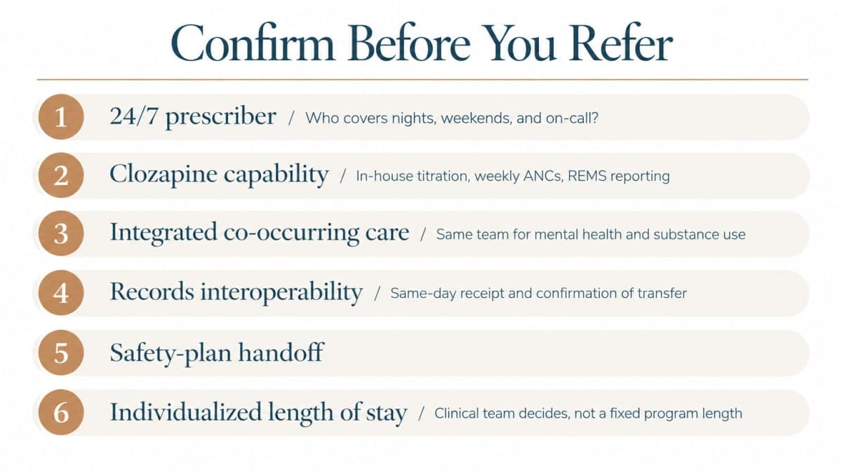 Six-point checklist for confirming psychiatric step-down capabilities before Illinois hospital discharge referral