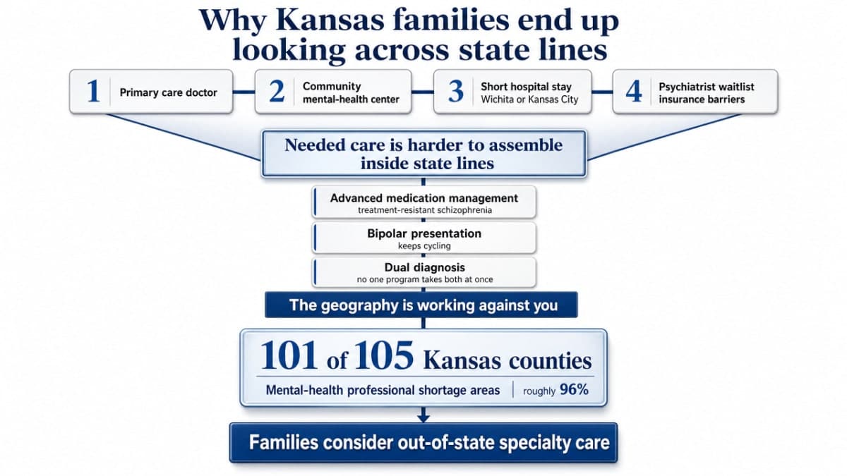 Visualize the Kansas behavioral-health access gap that drives families to consider out-of-state specialty care, directly supporting the 101-of-105-counties statistic cited in this section