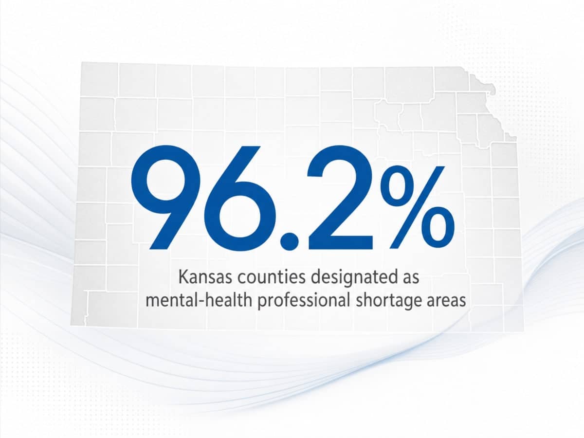 Infographic showing Kansas counties designated as mental-health professional shortage areas