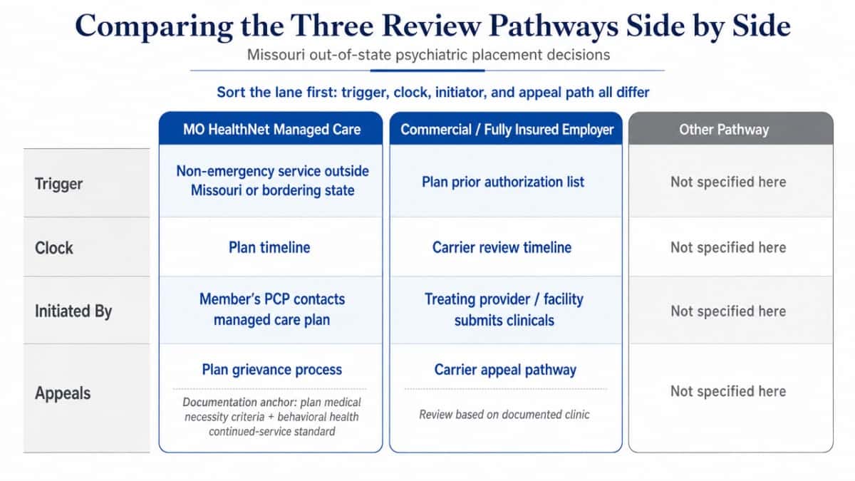 Visualize the comparison table explicitly described in this section comparing the three coverage lanes governing Missouri out-of-state psychiatric placement decisions