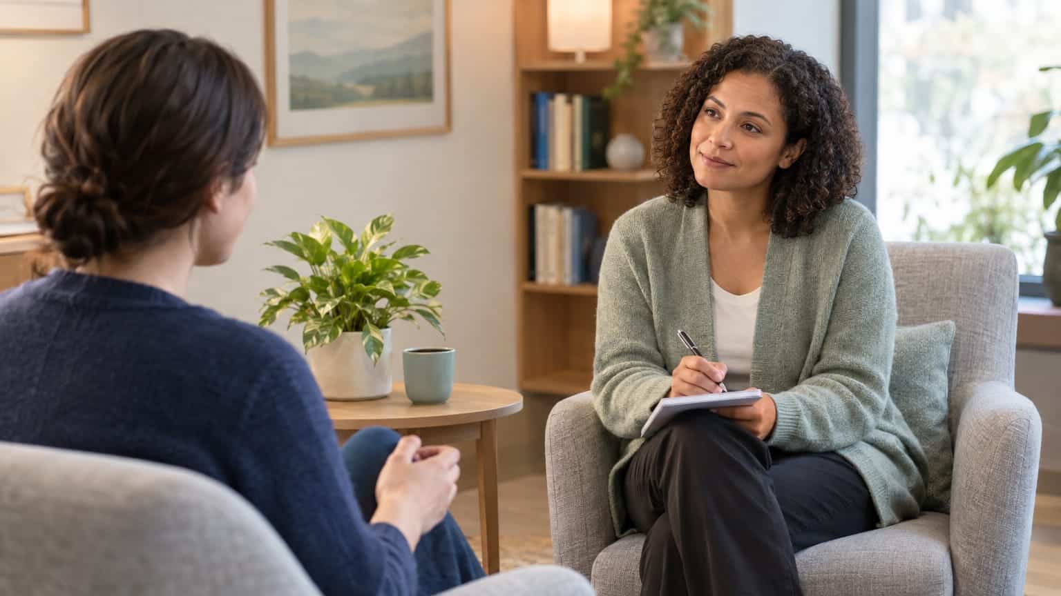 Therapist with notepad listening attentively to client in a calm office setting