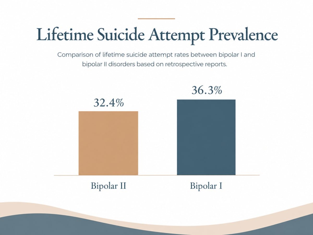 Bar chart comparing lifetime suicide attempt rates: bipolar 2 at 32.4% vs bipolar I at 36.3%