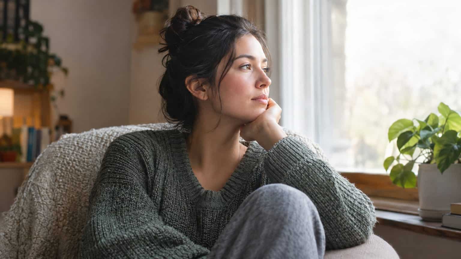 Pensive woman in green sweater resting chin on hand, gazing out a sunlit window.