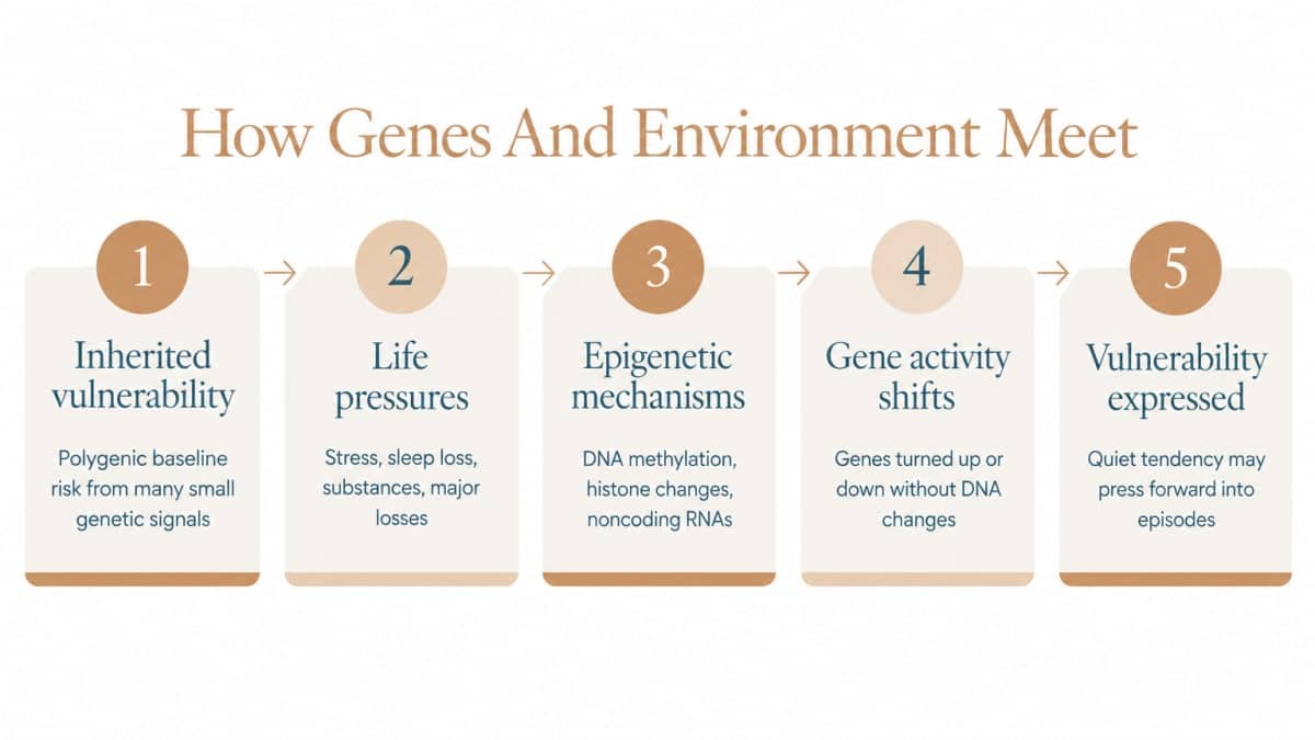 Five-step infographic showing gene-environment interaction in bipolar disorder causes.
