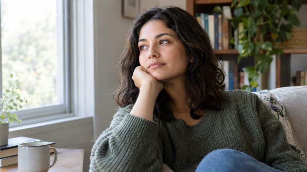 Woman in green sweater resting chin on hand, gazing thoughtfully out a window at home.