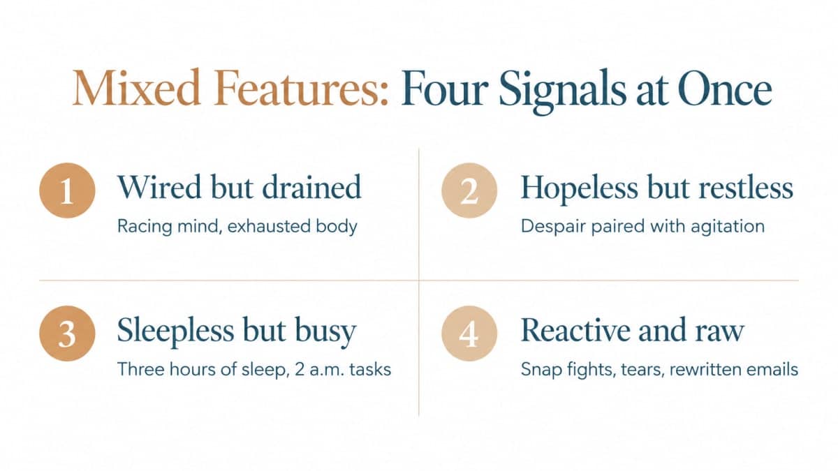 Four-quadrant infographic of mixed-feature bipolar disorder symptoms in females.