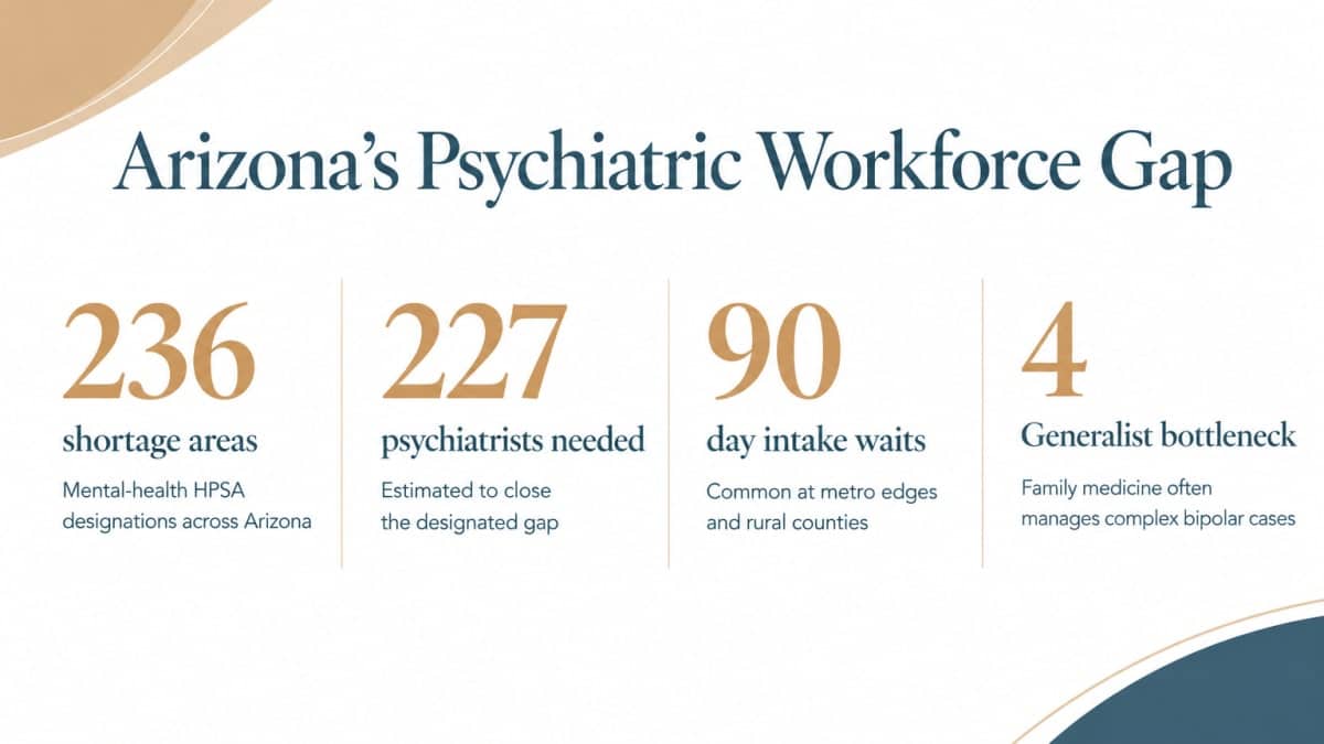 Infographic showing Arizona psychiatric workforce gap stats relevant to bipolar disorder treatment access.