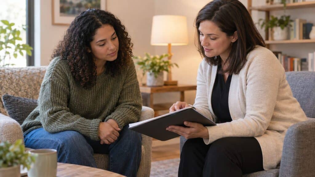 Therapist reviewing a treatment plan folder with a client in a warm living room setting.