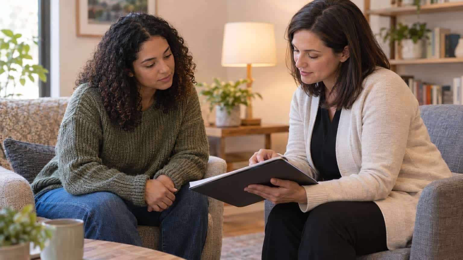 Therapist reviewing a treatment plan folder with a client in a warm living room setting.