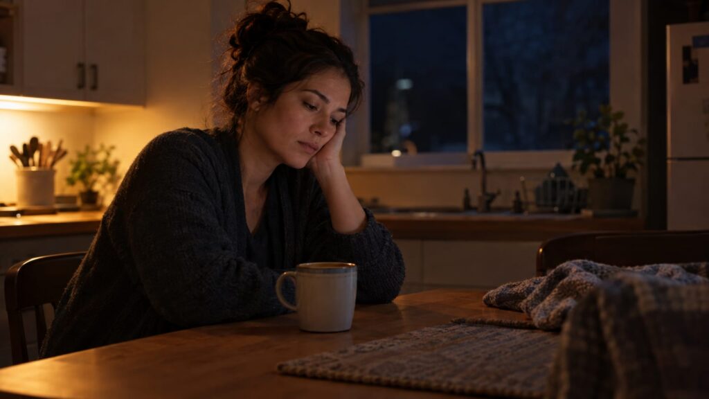 Weary woman resting her head on her hand at a dim kitchen table late at night.