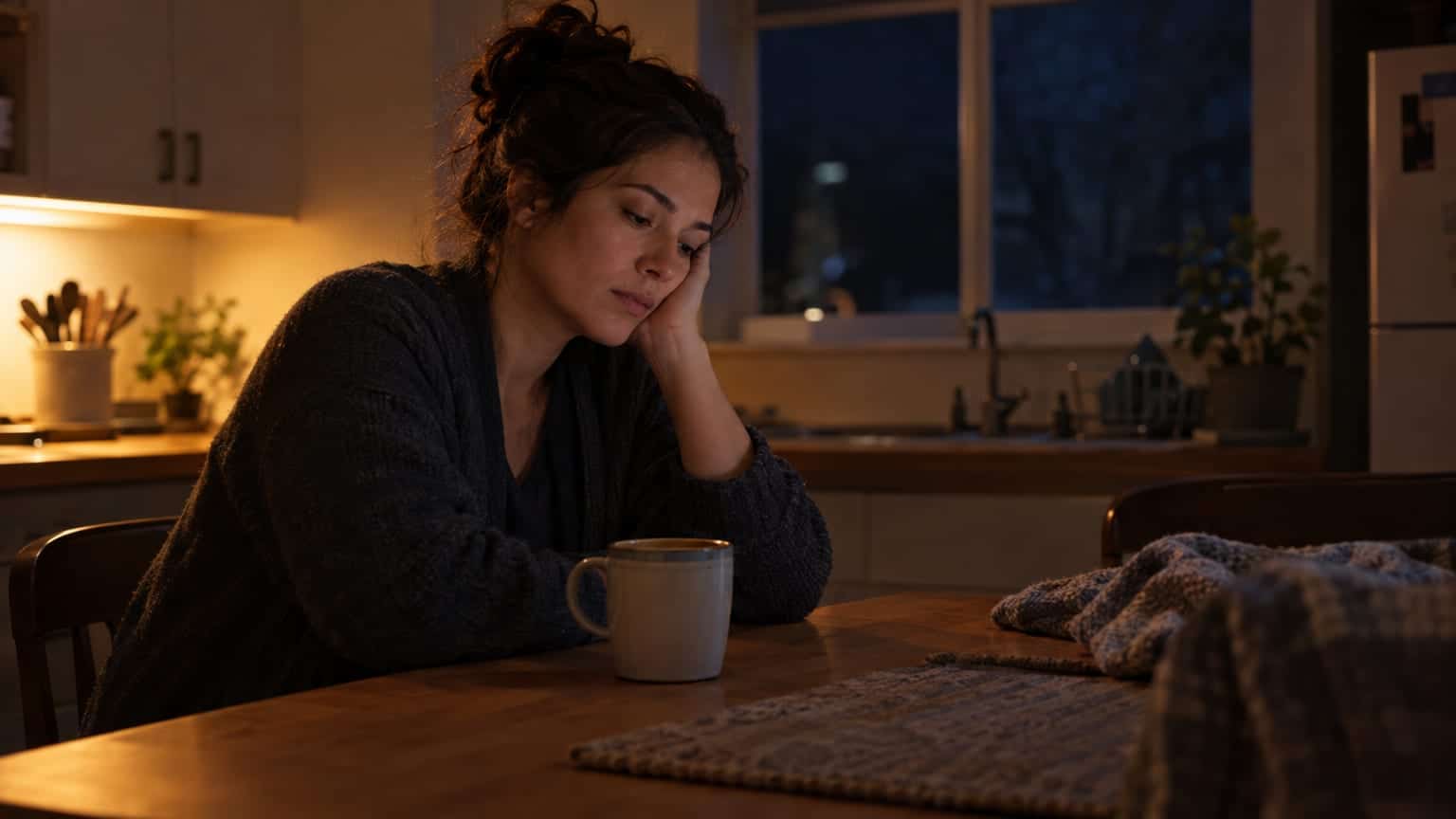 Weary woman resting her head on her hand at a dim kitchen table late at night.