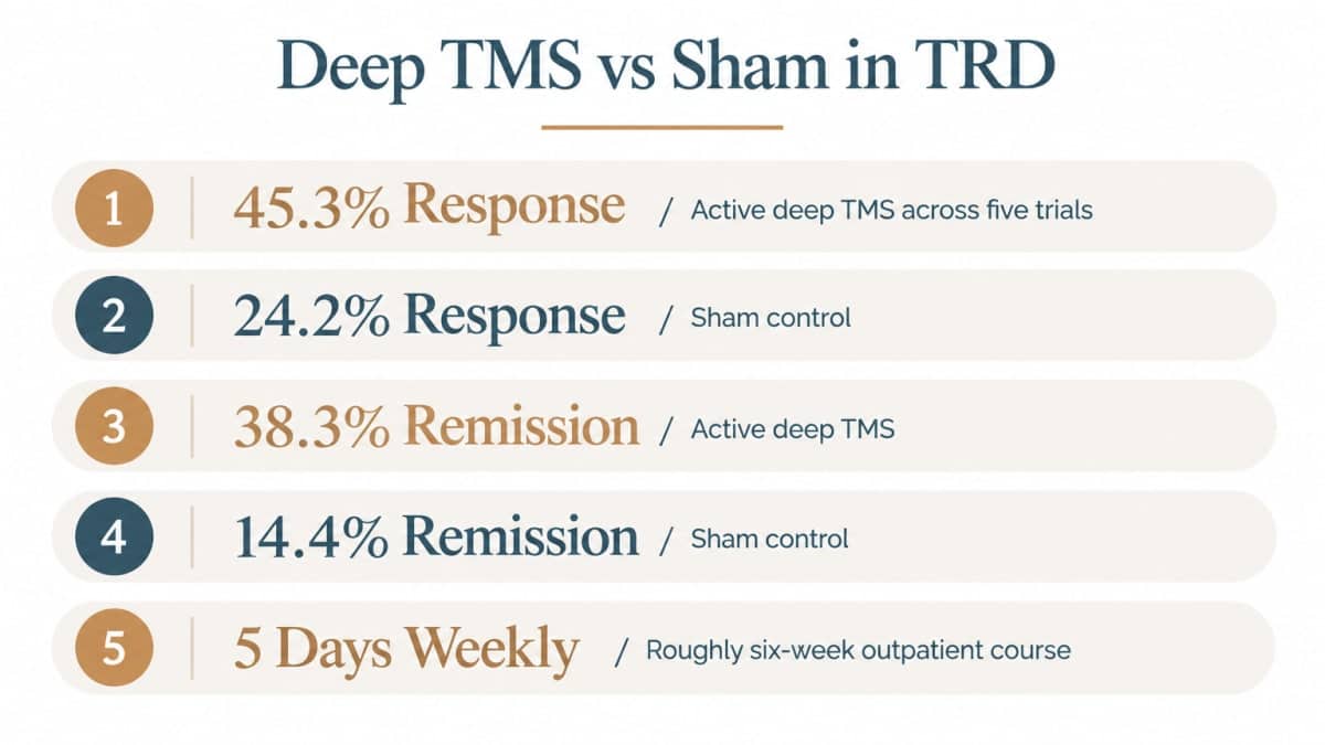 Infographic comparing Deep TMS vs sham response and remission rates in treatment-resistant depression