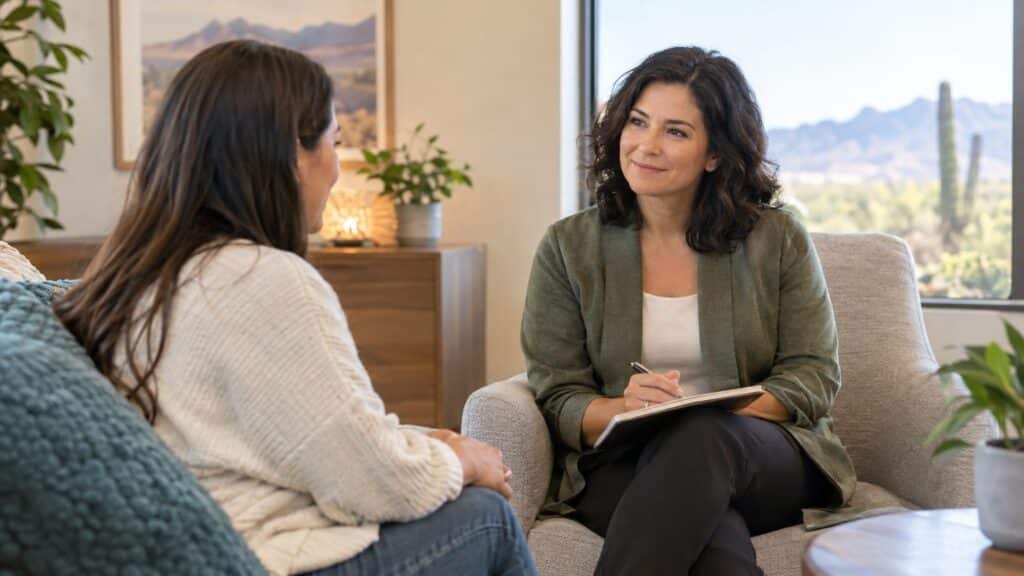 Therapist taking notes while speaking with client in office overlooking Arizona desert landscape