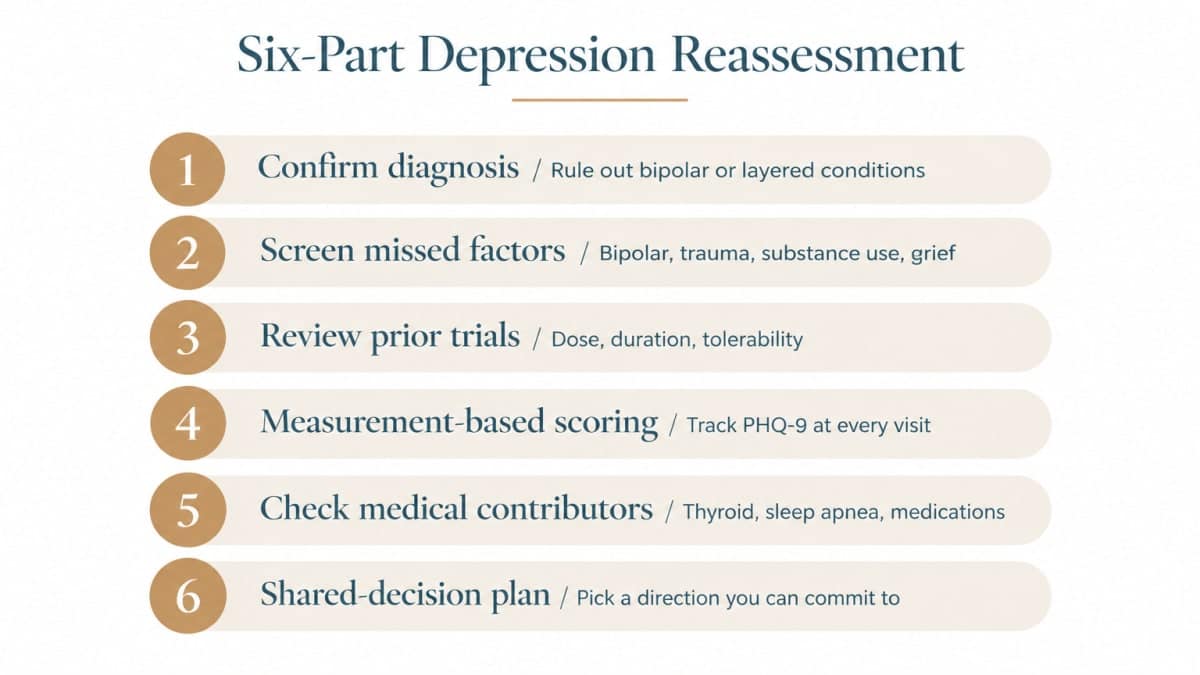 Six-part depression reassessment checklist infographic used in Prescott depression treatment evaluations.