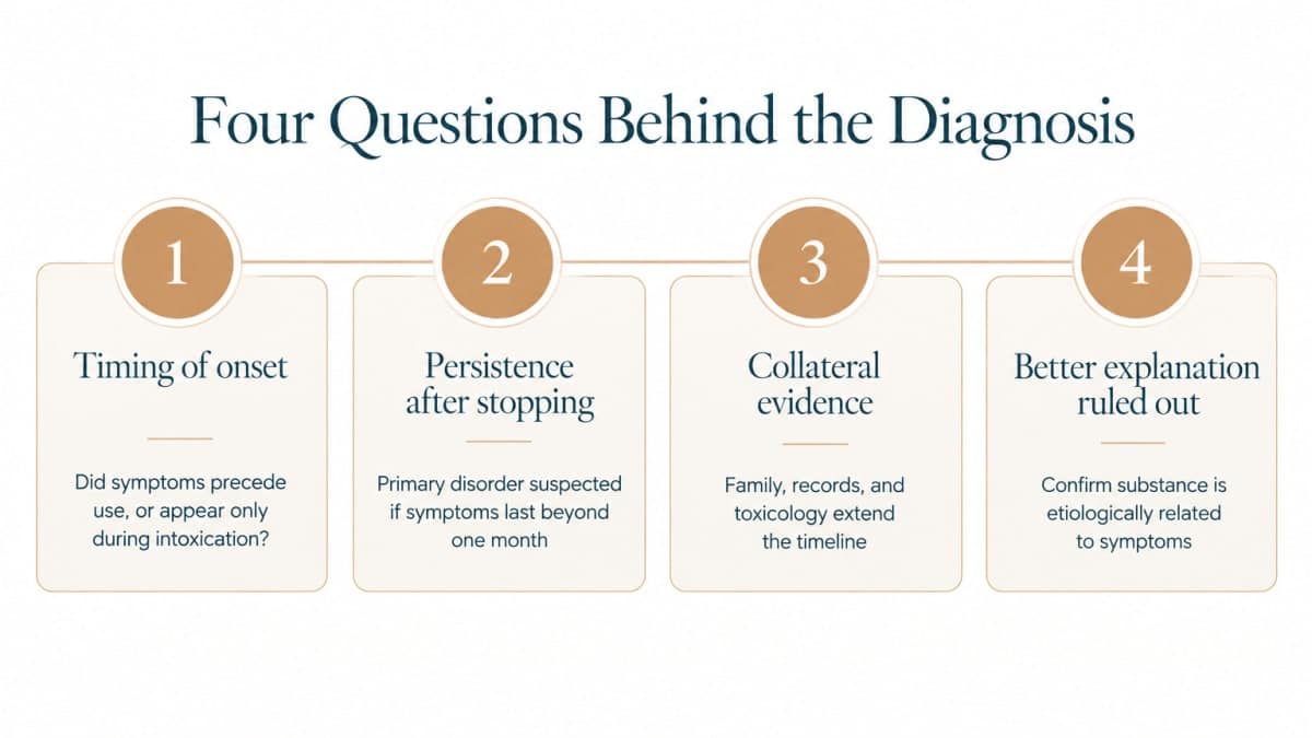 Infographic of four clinical questions guiding a dual diagnosis DSM-5 assessment.