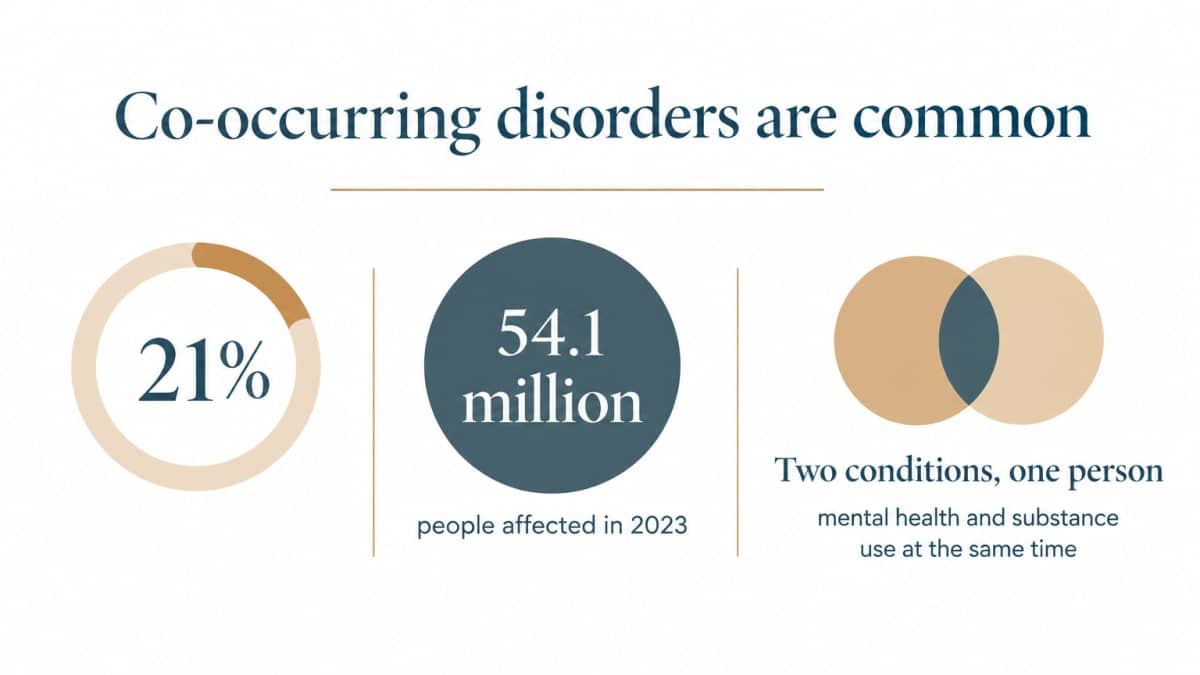 Infographic showing dual diagnosis examples: 21%, 54.1 million affected in 2023, and overlapping conditions.
