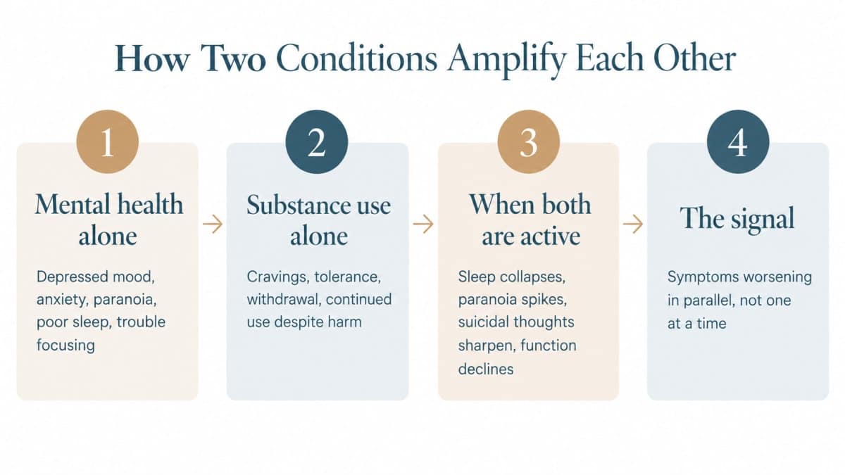 Four-column infographic showing dual diagnosis symptoms amplifying across mental health and substance use.